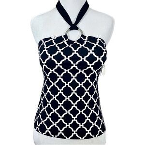 NWT La Blanca Black/White Geometric Tankini Halter Top  Silver Hardware 4
